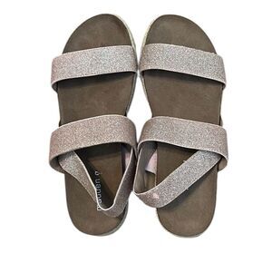 Madden girl size 8.5 pink & gold sparkly jute wedge comfy stylish sandals GUC